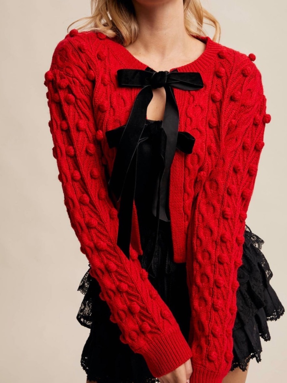 Listicle Open-Front Cable Knit Cardigan Featuring Black Velvet Bow Ties
